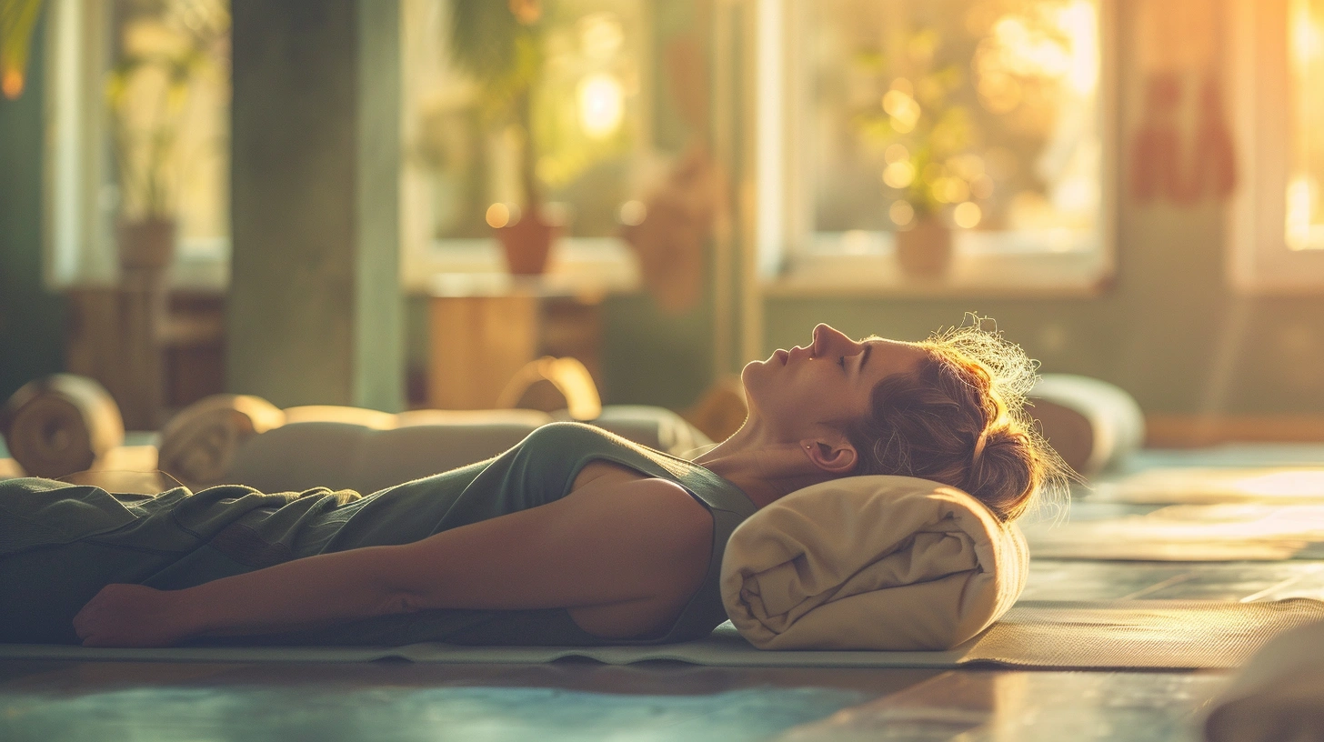 Poziție relaxantă de Yin Yoga cu suporturi pentru confort maxim